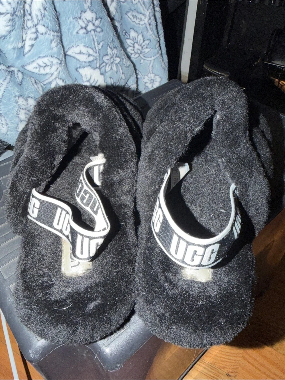 UGG Black Fluff Slide with Branded Heel Strap